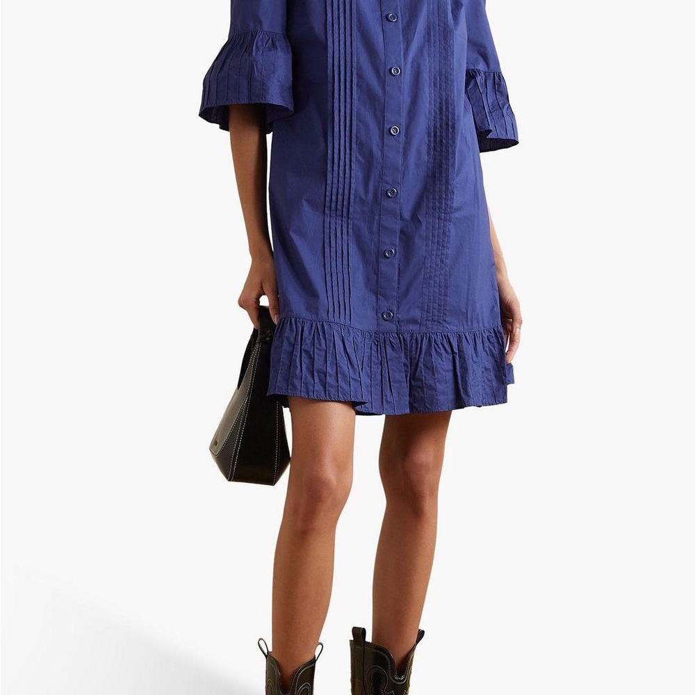 Deep Blue Ruffled Pintucked Cotton-Poplin Mini Dress